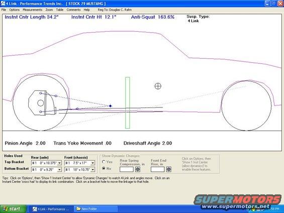 Suspension diagram showing 4-link setup with measurements for pinion angle, driveshaft angle, and suspension geometry
