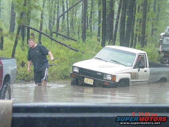 White Toyota pickup truck stuck in flooded woods, driver visible. Another truck is to the left