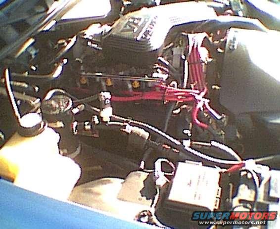 Engine bay with red spark plug wires and a yellow fluid reservoir