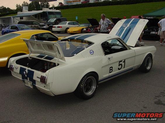 White 1965 Ford Mustang Shelby GT350 with blue stripes, number 51, and open hoods