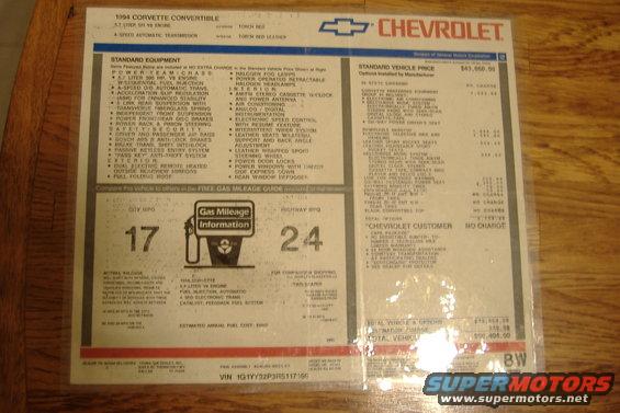 1994 Chevrolet Corvette window sticker with pricing and options