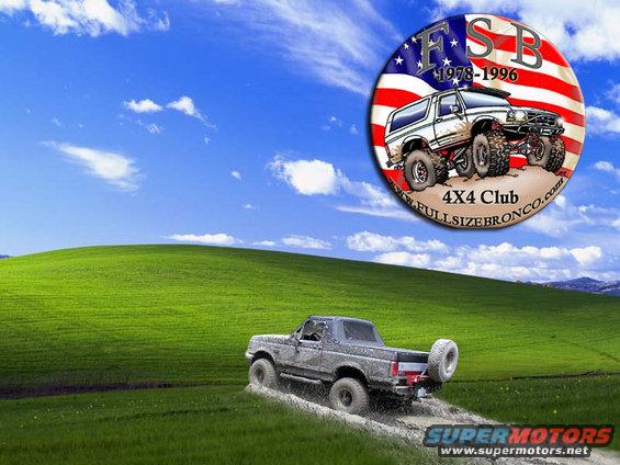 1988 Ford Bronco driving through mud on a grassy hill. Round logo in upper right corner