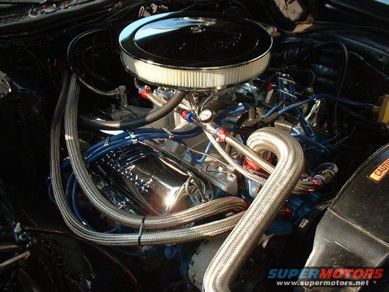 Engine bay with chrome air cleaner, braided fuel lines, and blue spark plug wires