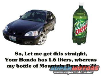 Dark Honda Civic parked next to a 2-liter bottle of Mountain Dew