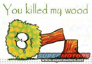 Cartoon tree with a sad face, cut down and lying next to its stump, with SuperMotors logo