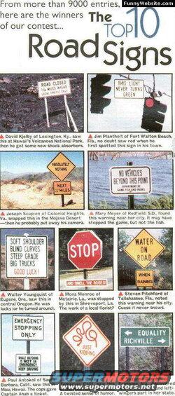 Collage of funny road signs like 'Absolutely Nothing', 'No Vehicles Beyond This Point', and 'Water on Road When Raining'