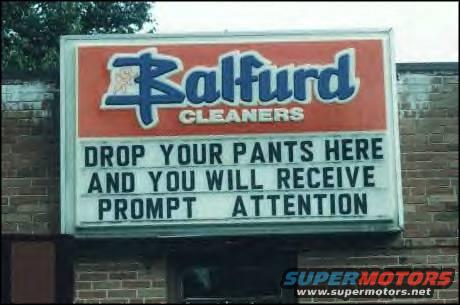 Sign for Balfurd Cleaners with text "DROP YOUR PANTS HERE AND YOU WILL RECEIVE PROMPT ATTENTION"