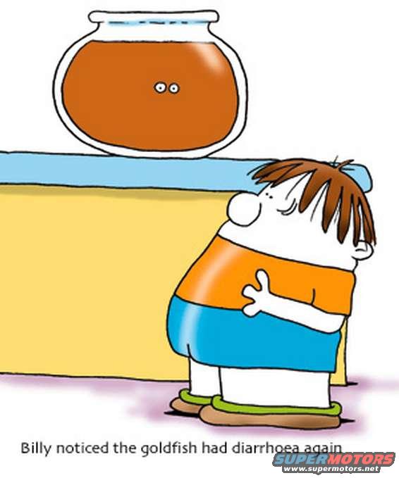 cartoon of a boy looking at a goldfish bowl, text says 'Billy noticed the goldfish had diarrhoea again'