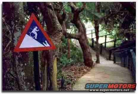 Red and blue triangular warning sign depicting a person in a wheelchair rolling down a steep incline, next to a wooded path