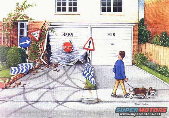 Man walks dog past garage doors, one of which is damaged. Signs indicate traffic control