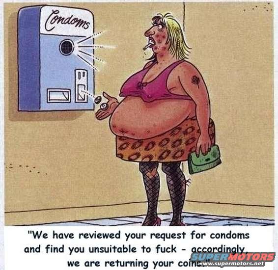 Cartoon of a woman with a cigarette and purse at a condom vending machine