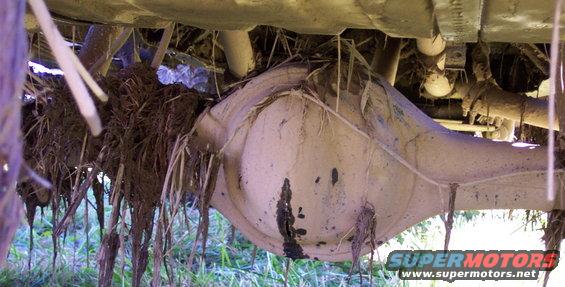Underside of a heavily soiled vehicle showing a rear differential covered in mud and vegetation