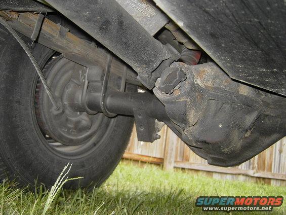 Rear axle assembly with leaf springs and shock absorber, viewed from below