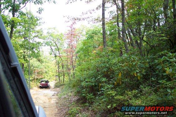 Red SUV on a dirt road in a wooded area