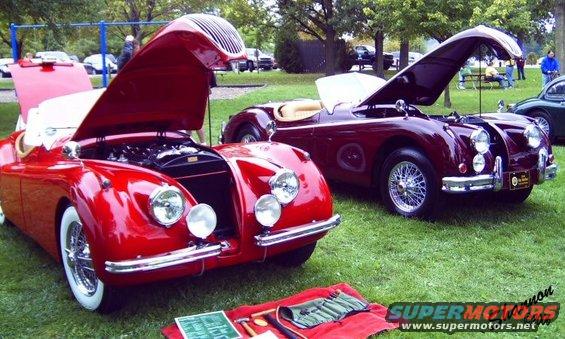Two red Jaguar XK140 roadsters with hoods open, parked on grass. Tools laid out in front of the left car