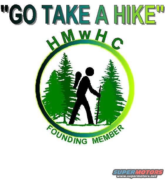 Logo with text "GO TAKE A HIKE" and a circular emblem showing a hiker silhouette among trees, with text "HMWHC FOUNDING MEMBER" and "SUPERMOTORS www.supermotors.net"