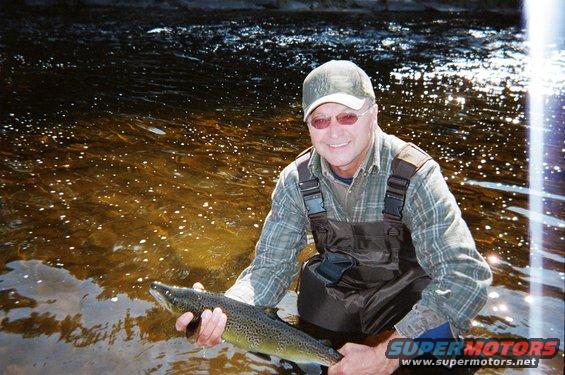 Man in fishing gear holding a large fish in a river