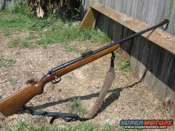 Rifle with wooden stock and metal barrel, leaning against a wooden fence