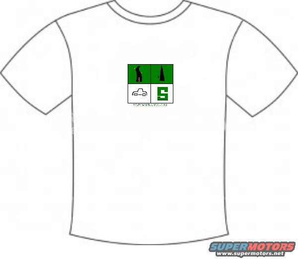White t-shirt with a square graphic containing abstract shapes, a car silhouette, and the letter S. Text below reads 'www.supermotors.net'