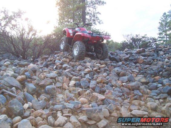 Red ATV parked on a pile of rocks with trees in the background