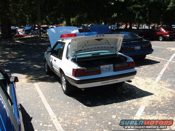 White police car with trunk and hood open, parked next to a blue car. License plate says RETPONY