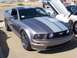 2002 Ford Mustang - A silver Ford Mustang with racing stripes is displayed at a car show.