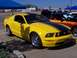 2002 Ford Mustang - A yellow 2005 Ford Mustang with black racing stripes is displayed at a car show.