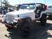 2002 Ford Mustang - A white Jeep Wrangler is parked at an outdoor car show, off-road tires and a red auxiliary fuel can.