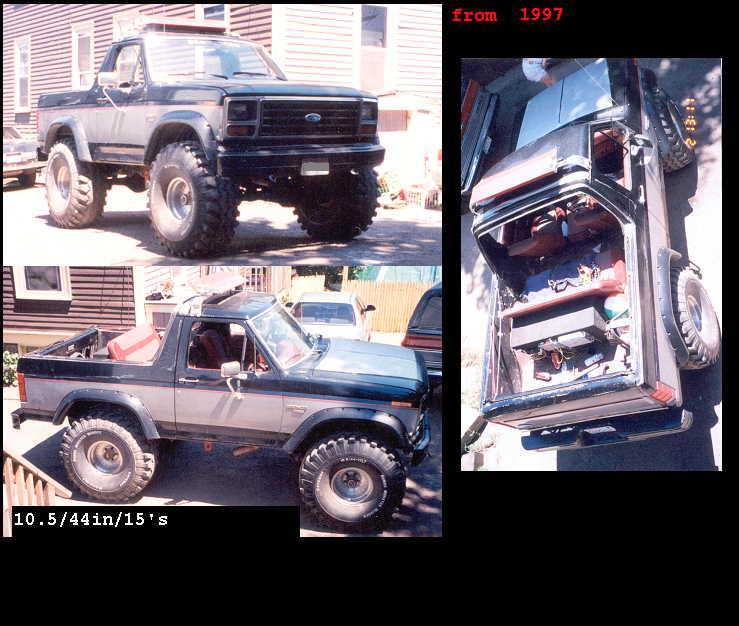 Lifted Ford Bronco with large tires, front view. Another shot shows the side profile and interior. Top-down view shows the cargo area