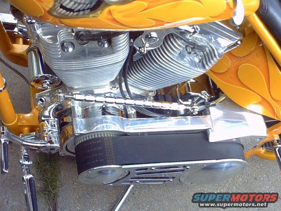 Motorcycle engine and belt drive, yellow flame paint
