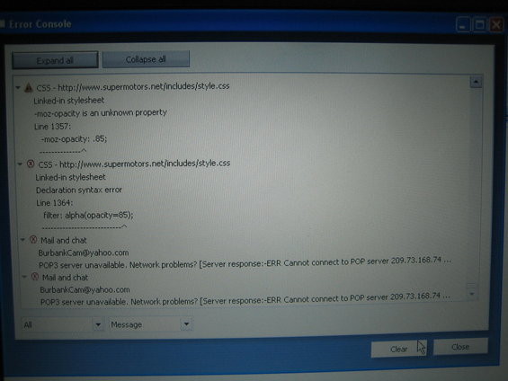 Computer screen showing an error console with CSS and mail server errors