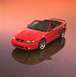 2003 Ford Mustang - A red 2003 Ford Mustang convertible is shown from a three-quarter front angle against a gradient orange background.