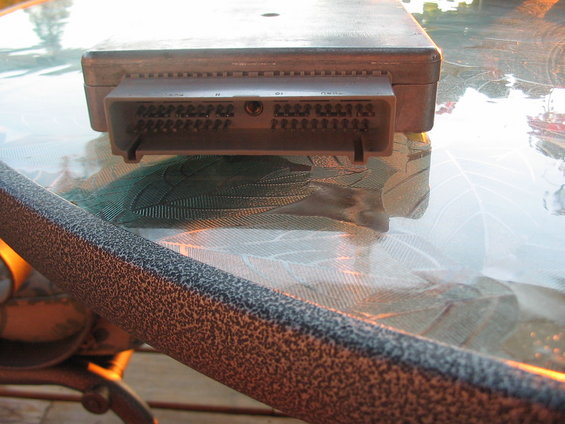Engine control unit with two rows of pins on a patterned tablecloth