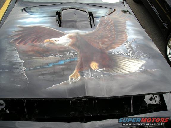 Hood with airbrushed eagle in flight over a rocky landscape