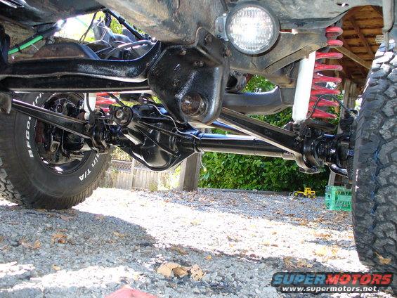 Underside view of a vehicle's front axle, suspension, and shock absorber with red coil springs. BFGoodrich tire visible