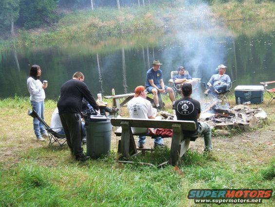 Campfire scene by lake with people sitting on benches and chairs