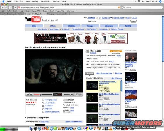 YouTube video page showing a music video titled 'Lordi - Would you love a monsterman'
