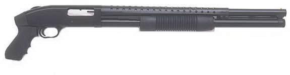 Black shotgun with a pistol grip and perforated barrel shroud
