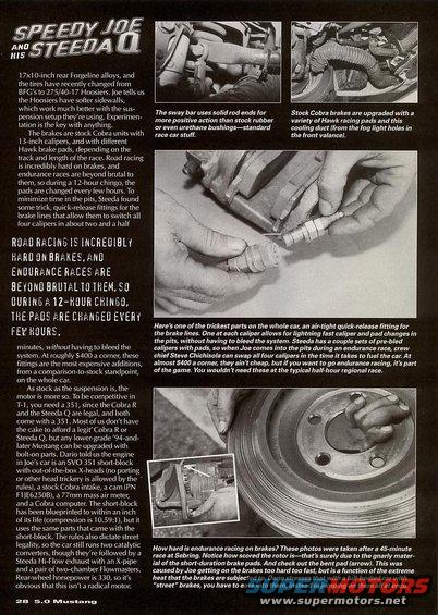 Close-up of a Ford Mustang brake rotor and caliper assembly with hands adjusting fittings