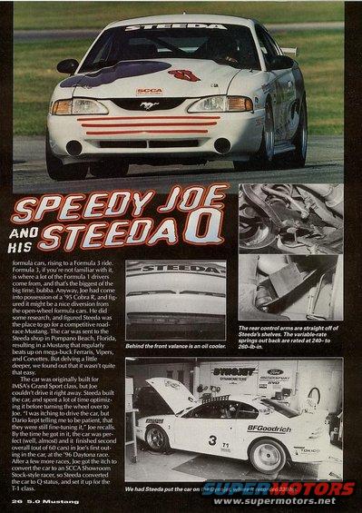 White 1995 Ford Mustang race car with red and blue graphics, SCCA badge, and racing slicks
