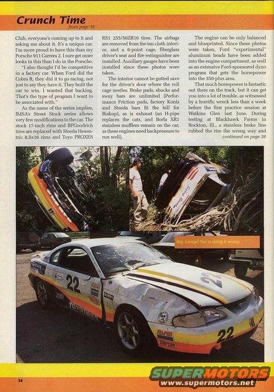 Damaged 1995 Ford Mustang race car with number 22, wrecked in a ditch. Another car is overturned in background