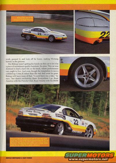 White 1995 Ford Mustang race car with yellow and orange stripes and the number 22 on the door, seen from the front-right