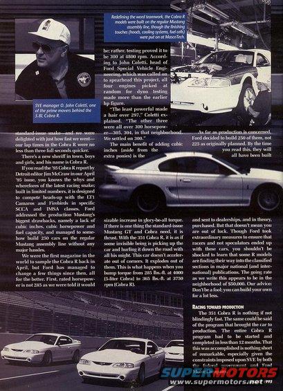 Three 1995 Ford Mustang Cobra R cars on a racetrack with stadium seating in the background