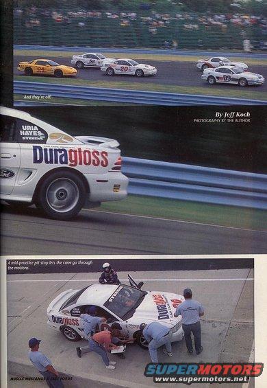 Ford Mustang race cars on track and in pit stop. One car has 'Duragloss' livery