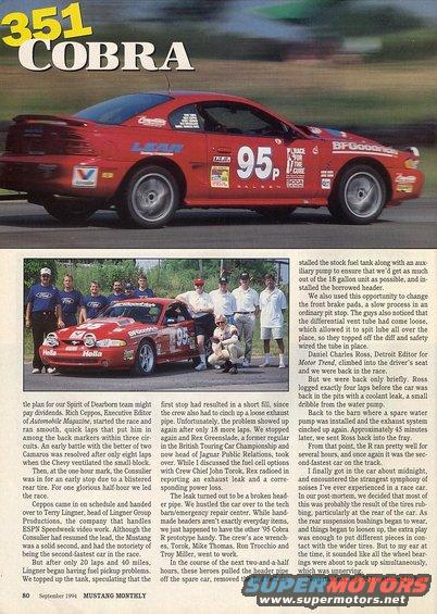 red 1995 Ford Mustang Cobra race car with number 95 and team posing