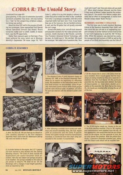 Assembly line workers installing parts on Ford Mustang Cobra R chassis