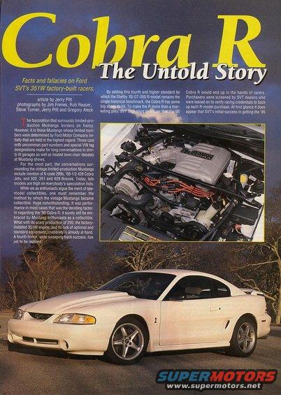 White 1995 Ford Mustang Cobra R 3q-front view, showing modified hood and racing wheels