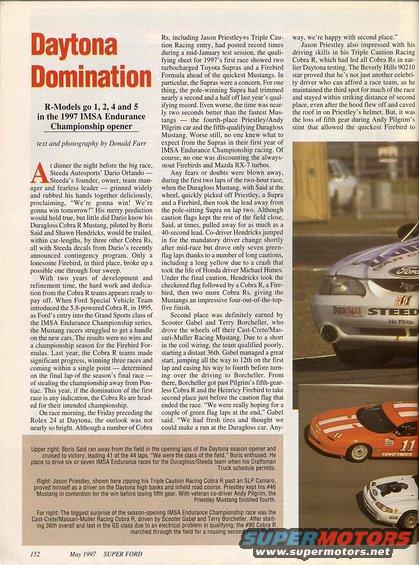 1995 Ford Mustang race car with racing decals, front 3/4 view, white with blue and red stripes