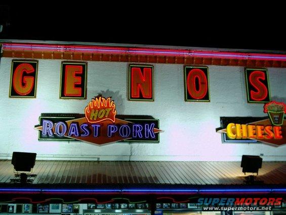 Geno's sign with neon 'Hot Roast Pork' and 'Cheese'