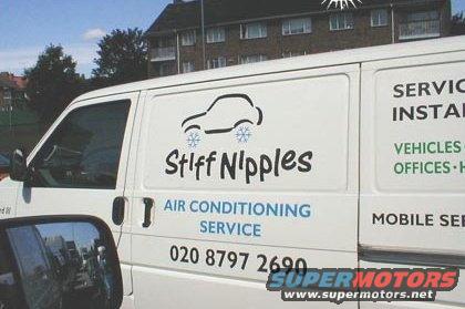 White van with 'Stiff Nipples Air Conditioning Service' text and a car graphic